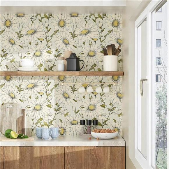 Boho Peel and Stick Wallpaper Floral Daisy Vintage Removable Vinyl Wall Decor - Picture 2 of 8